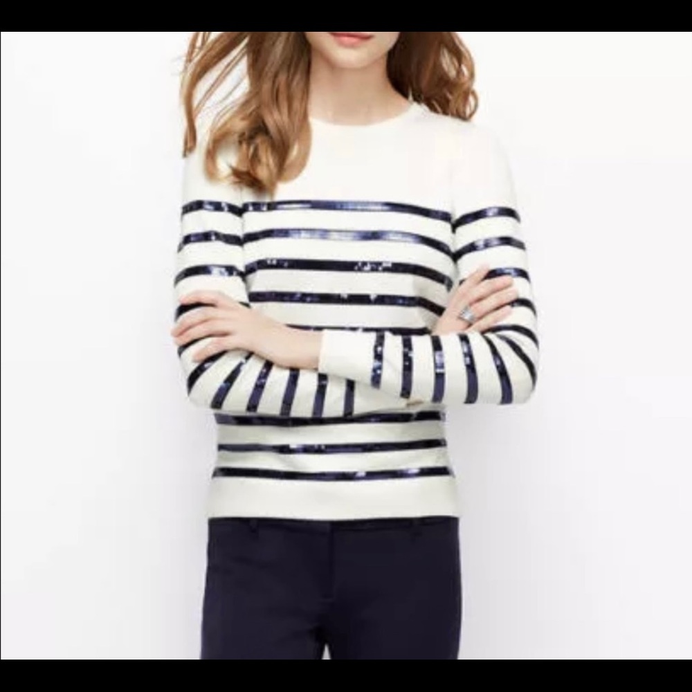 Ann Taylor cream sweater with sequin stripes